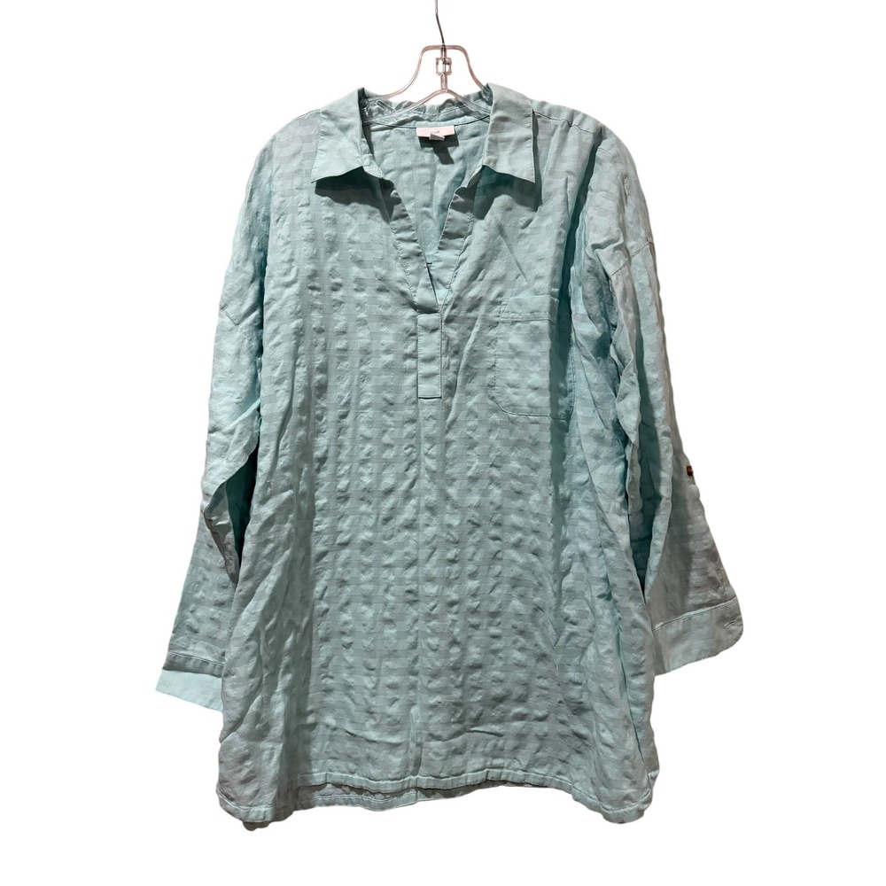 J. Jill Women XL Aqua Blue Cotton Textured Grid Tunic Split Neck Roll Tab Sleeve
